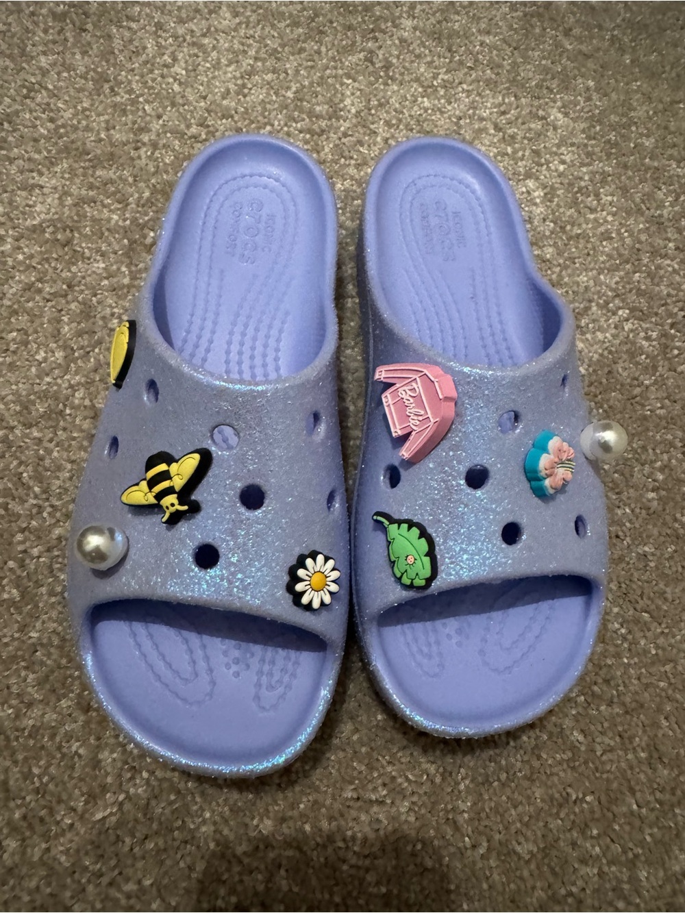 CROCS womens 6 Lavender Glitter Slide Sandals with Jibbitz Charms